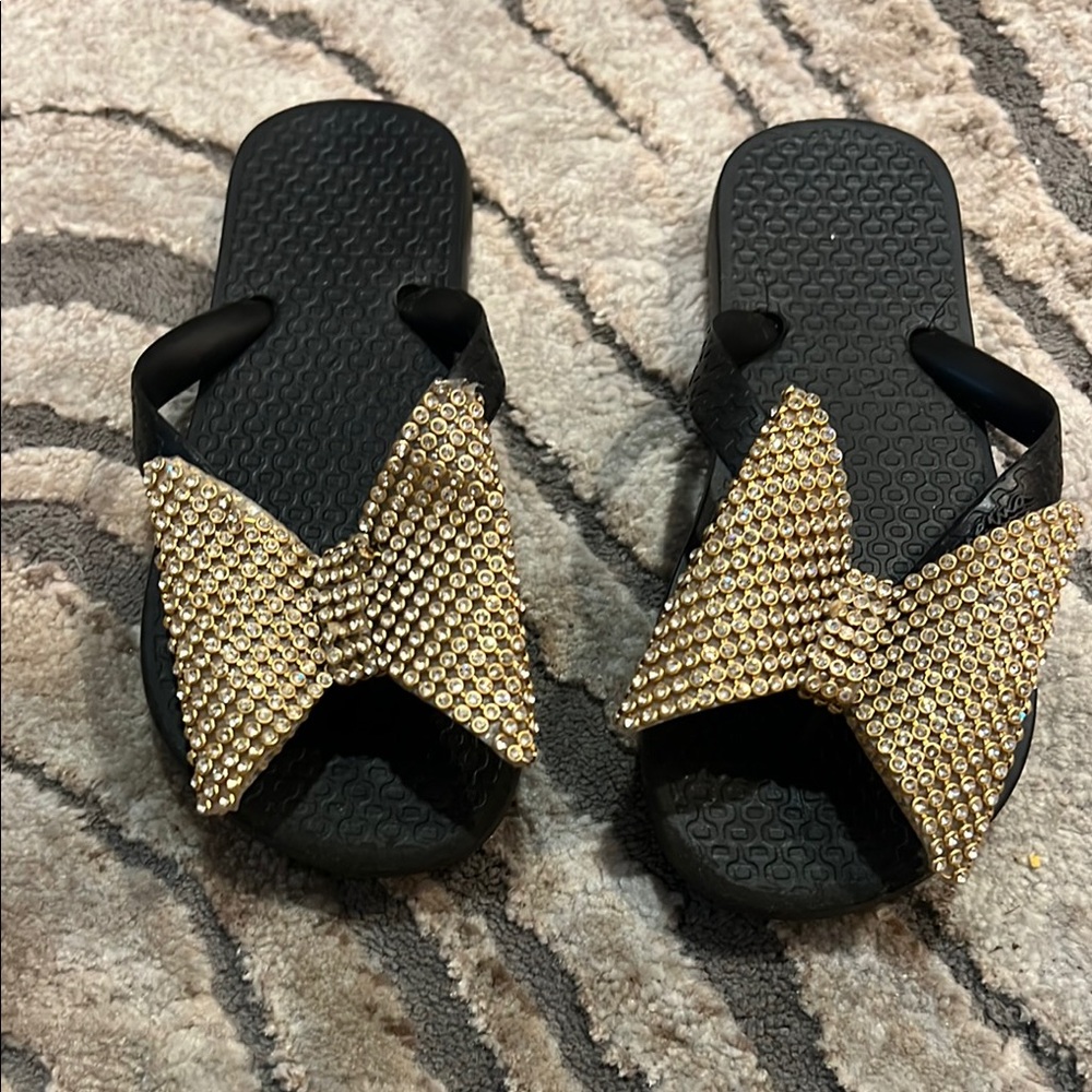 Black Sandals with Gold Rhinestone Bow